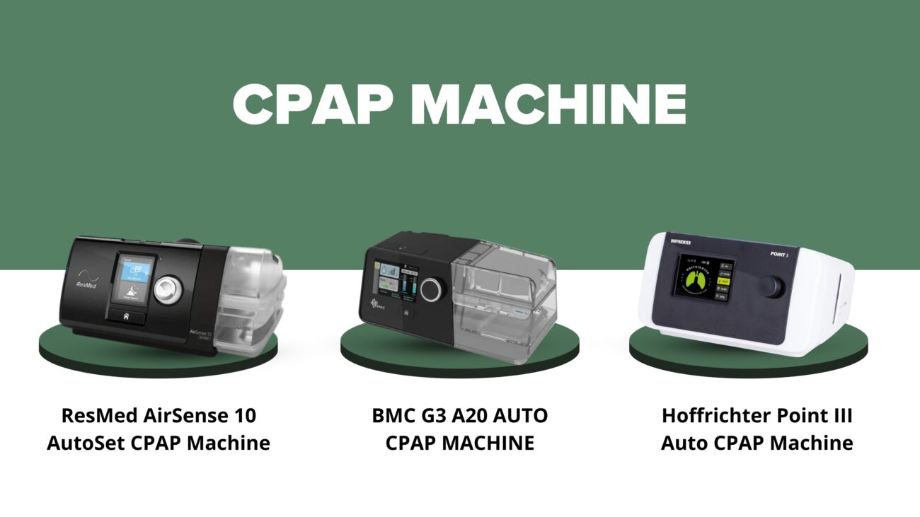 Three CPAP machines displayed on a green background: ResMed AirSense 10 AutoSet, BMC G3 A20 Auto, and Hoffrichter Point III Auto CPAP machines, designed for respiratory therapy and sleep apnea management