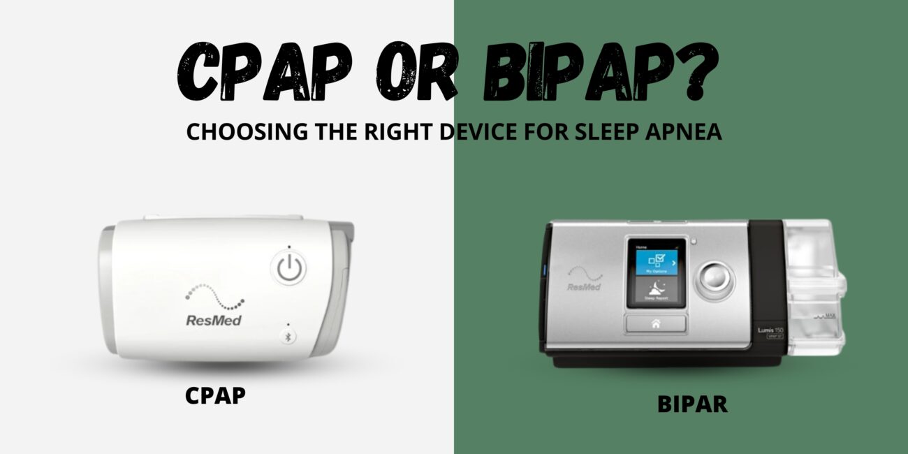 Comparison image featuring CPAP and BiPAP devices side by side, labeled for clarity. Text asks, 'CPAP or BiPAP? Choosing the Right Device for Sleep Apnea' with a clean and contrasting background