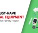 Top Must-Have Medical Equipment at Home for Family Health. Includes stethoscope, glucose meter, test strips, lancets, and alcohol wipes on a red and white background