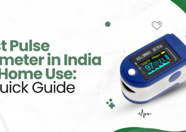 a pulse oximeter for home use with a vibrant display of SpO2 and PR readings. Text overlay highlights 'Best Pulse Oximeter in India for Home Use: A Quick Guide'