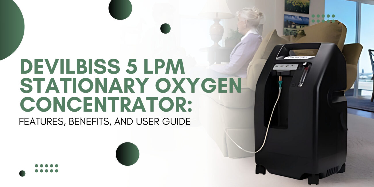 a DeVilbiss 5 LPM stationary oxygen concentrator placed in a living room. Text highlights 'Features, Benefits, and User Guide' with a focus on home oxygen therapy.