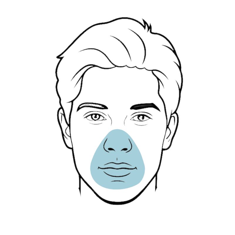  a person's face highlighting the area covered by a full-face mask, shaded in blue, focusing on the nose and mouth region