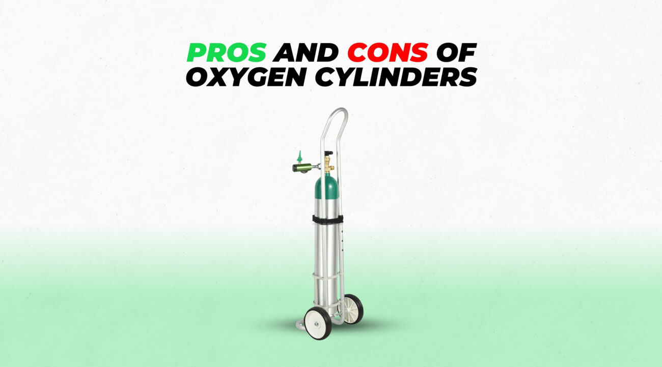 an oxygen cylinder with the title 'Pros and Cons of Oxygen Cylinders' in bold, set against a gradient white-to-green background