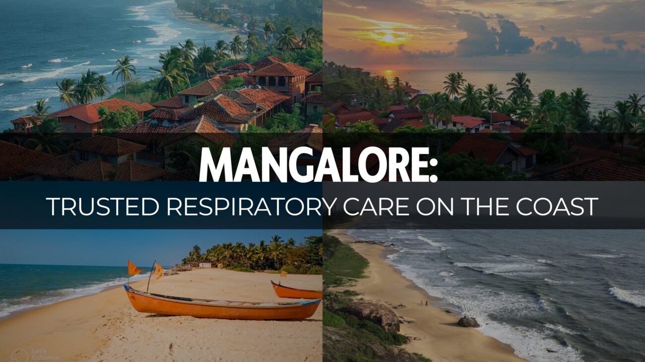 Collage of Mangalore's coastal beauty with beaches, palm trees, and sunsets, highlighting tranquility. Text reads: 'Mangalore: Trusted Respiratory Care on the Coast' by LifePlus Medical