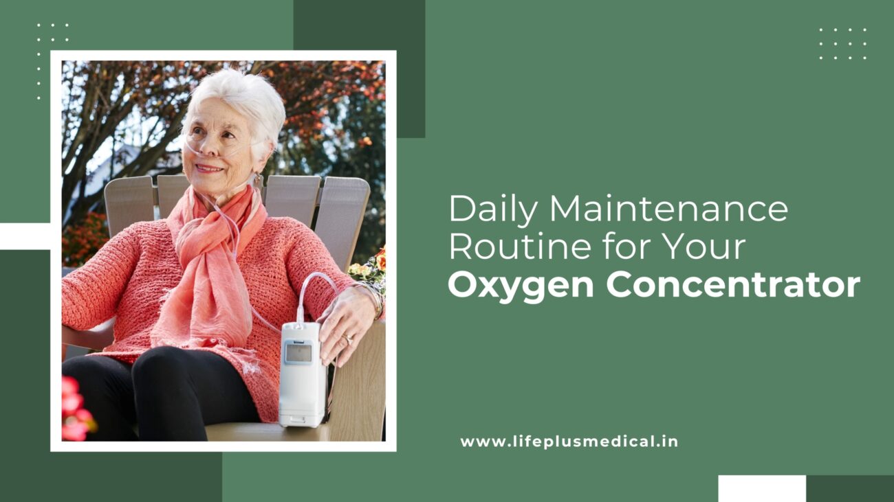 "Elderly woman using a portable oxygen concentrator outdoors, with text on oxygen concentrator maintenance