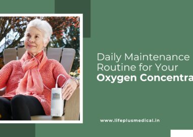 "Elderly woman using a portable oxygen concentrator outdoors, with text on oxygen concentrator maintenance