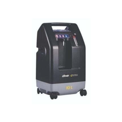 Black and gray oxygen concentrator with wheels, available for rent. Features control buttons, an oxygen flow meter, for medical use.