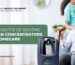 Elderly man using an oxygen concentrator with a caregiver behind him. Text highlights 'The Benefits of Renting Oxygen Concentrators for Homecare' with Life Plus Medical Equipment logo and website